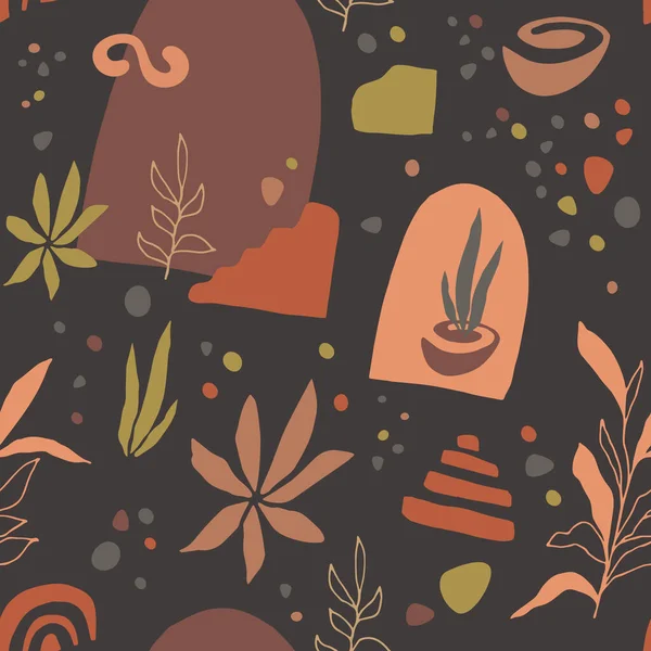 Organic Shapes Seamless Pattern Pottery Leaves Abstract Elements Mid Century — ストックベクタ