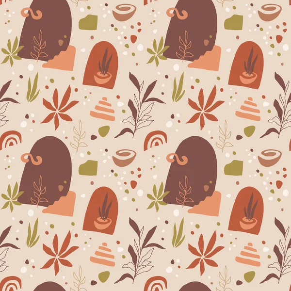 Organic Shapes Seamless Pattern Pottery Leaves Abstract Elements Mid Century — Image vectorielle