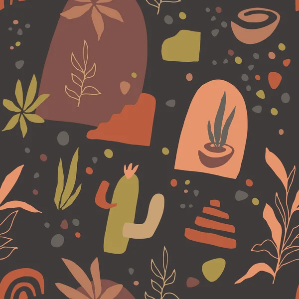 Organic Shapes Seamless Pattern Pottery Cactus Leaves Abstract Elements Earth — ストックベクタ