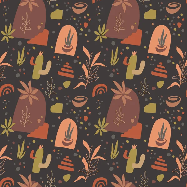 Organic Shapes Seamless Pattern Pottery Cactus Leaves Abstract Elements Earth — ストックベクタ