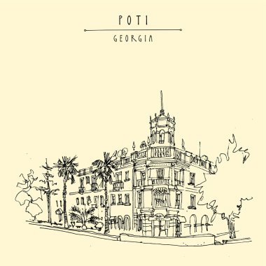 Poti, Georgia postcard. Quiet provincial town. Street corner in the city center. Cozy street view. Travel sketch drawing. Hand drawn vintage touristic postcard, poster, book or calendar illustration