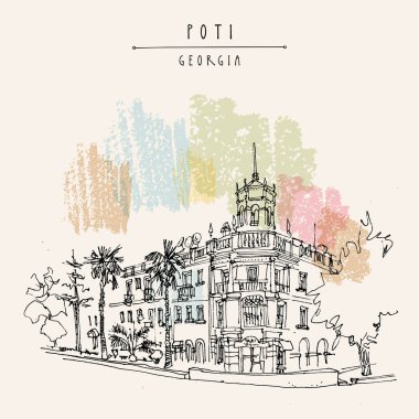 Poti, Georgia postcard. Quiet provintial town. Street corner in the city center. Cozy street view. Travel sketch drawing. Hand drawn vintage touristic postcard, poster, book or calendar illustration