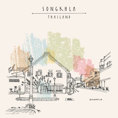 Songkhla, South Thailand postcard. China Town. Old town Chinese houses, lamppost street view. Historical buildings in Songkhla province in the South Thailand. Travel sketch. Hand drawn vintage poster