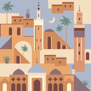 Abstract Middle Eastern town flat illustration. Seamless architecture pattern. Morocco inspired digital paper with mosque, tower, house, plants, palm trees. Ramadhan travel seamless pattern