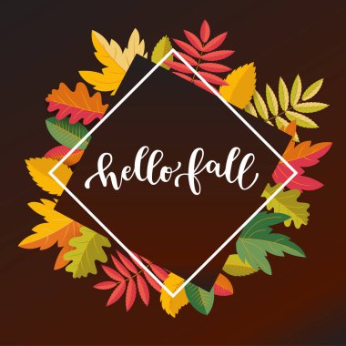 Hello Fall greeting card. Grateful, Thankful and Blessed calligraphy quote. Social media post template. Bright warm autumn colors juicy design. Colorful fall leaves. Bouncy hand lettering