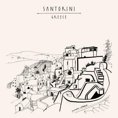 Santorini, Yunanistan kartpostalı. El çizimi eski moda. Seyahat skeci. Klasik turistik el çizimi kartpostal, poster, takvim veya kitap illüstrasyonu
