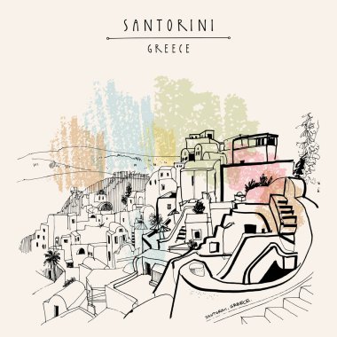 Santorini, Yunanistan kartpostalı. El çizimi eski moda. Seyahat skeci. Klasik turistik el çizimi kartpostal, poster, takvim veya kitap illüstrasyonu