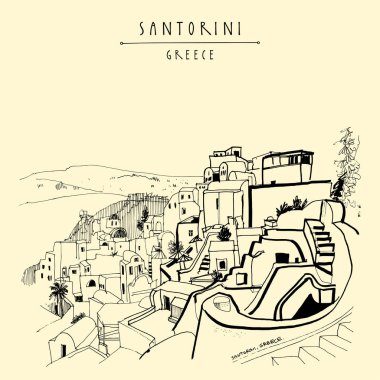Santorini, Yunanistan kartpostalı. El çizimi eski moda. Seyahat skeci. Klasik turistik el çizimi kartpostal, poster, takvim veya kitap illüstrasyonu