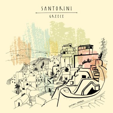 Santorini, Yunanistan kartpostalı. El çizimi eski moda. Seyahat skeci. Klasik turistik el çizimi kartpostal, poster, takvim veya kitap illüstrasyonu