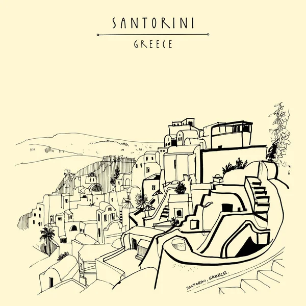 Santorin Grèce Carte Postale Dessin Main Dans Style Rétro Croquis — Image vectorielle