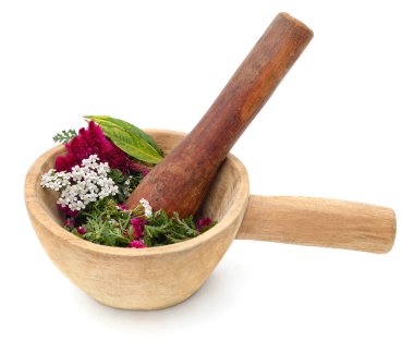 Beyaz bir arka planda izole edilmiş havan ve kabuktaki kireç ve araranth çiçeği.