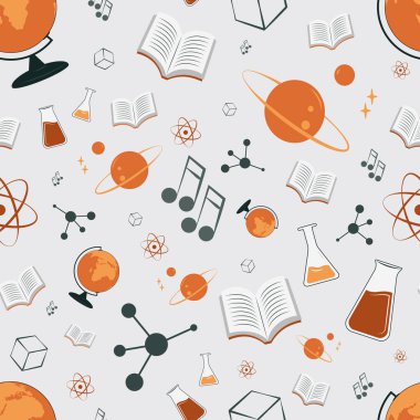 Eğitim malzemeleriyle ya da arka planda kırtasiye malzemeleriyle kusursuz bir şekilde okula dönüş. Renkli el çizimi vektör illüstrasyonuName.