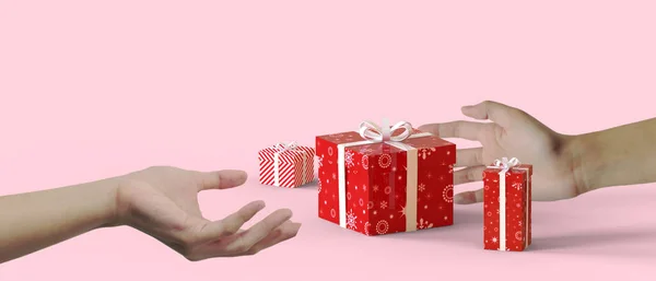 Manos Sosteniendo Caja Regalo Roja Con Una Cinta Blanca Sobre —  Fotos de Stock