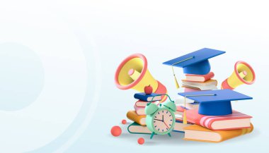 Eğitim, Mavi Arkaplan 'da çalışmak için online Kavram ve İş Konsepti öğreniyor. Dekor by, book lecture, copy space, digital - 3d oluşturma
