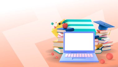 Çevrimiçi eğitim ve Kızılzemin 'de çalışmak için iş konsepti. Kitap dersine göre dekor, dizüstü bilgisayar, kopyalama alanı, dijital, afiş, web sitesi - 3d Hazırlama