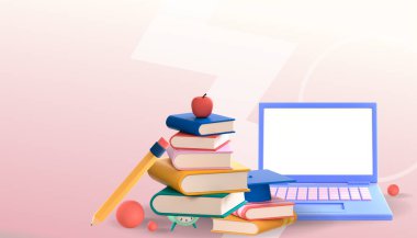 Eğitim online konsepti ve Pembe Arkaplan 'da dizüstü bilgisayar işi konsepti için e-kitap. Dekor by, book lecture, copy space, digital, banner, website - 3d Hazırlama