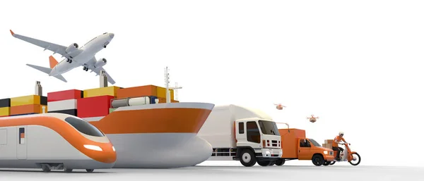 トラック ボート 飛行機 オートバイの配達 物流のための無人機の物流業界と輸送の概念隔離された背景3Dレンダリングでの輸出入 — ストック写真