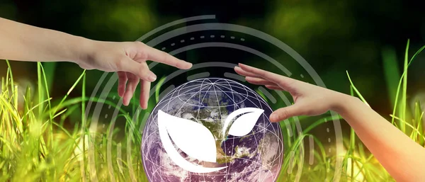 World Environment Day and Happy Earth Day with human hand for earth globe and network communication Concept, copy space, digital-3d Rendering