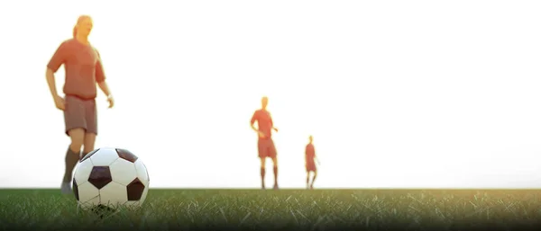 Ποδόσφαιρο Ποδοσφαιριστής Ομάδα Πράσινο Πεδίο Την Έννοια Φως Ακτίνων Ηλιοβασιλέματος — Φωτογραφία Αρχείου