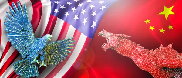 United States of America and China on trade, economics, taxes, business conflicts, powerful. Flags  USA and Chinese flags on the background of dragon and eagles -3d Rendering