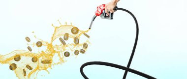 Petrol fiyatlarındaki artış benzin ve altın sikkelerin yakıt pompası nozülünden akması arabalarda ve günlük yaşam konseptinde yakıt ekonomisi için. Enerji tasarrufu, yakıt ekonomisi, kopyalama alanı, afiş, web sitesi - 3d Hazırlama