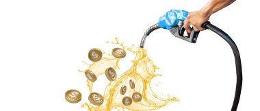 Yakıt pompası başlığından sızan benzin ve altın sikkeler izole ve beyaz arka planda petrol fiyatları artıyor. Enerji tasarrufu, yakıt ekonomisi, kopyalama alanı, afiş, web sitesi - 3d Hazırlama
