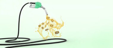 Petrol fiyatları yükselen konsept benzin ve altın sikkeler yakıt pompası enjektöründen gass istasyonu ve enerji tasarrufu için akıyor. Yakıt ekonomisi, kopyalama alanı, afiş, web sitesi - 3d Hazırlama