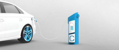 Beyaz elektrikli araba için EV şarj istasyonu elektrik santrali şarj bataryası yeşil enerji ve eko güç kavramına bağlı. E-hareketlilik, çevre dostu, ekolojik teknoloji - 3D görüntüleme