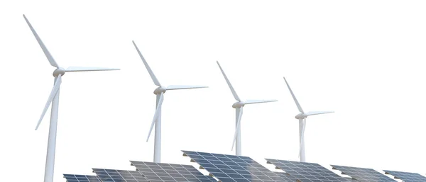 Energiekonzept Sonnenkollektoren Und Windturbinengeneratoren Isoliert Auf Weißem Hintergrund Kopierraum Banner — Stockfoto