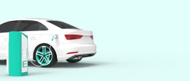 Elektrikli araba enerji tasarrufu. EV şarj istasyonu mavi arka planda şarj pili konsepti. tıkanmış, fütüristik, eko teknolojisi, elektrik enerjisi - 3D görüntüleme