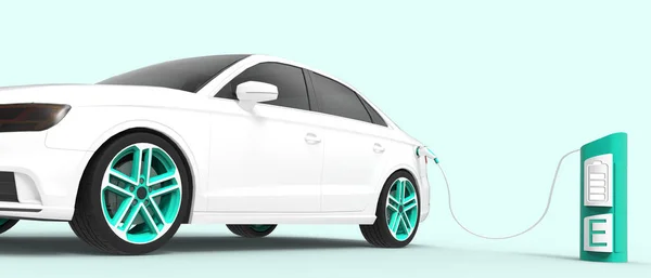 Electric car Energy saving. EV charging station for green energy and eco power Concept on blue background. mobility, power cable plugged, eco technology, loading, electricity-3d rendering