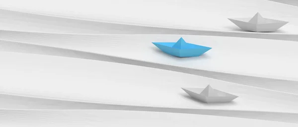 Leadership concept with Blue paper ship. Freedom and doing business in a different way on wave white. copy space, digital data, banner, website -3d Rendering