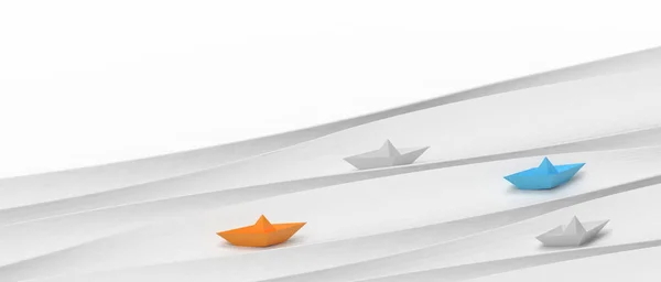 Leadership concept with paper ship. Different competition and business development on wave white. copy space, design, banner ,website, Copy Space -3d Rendering