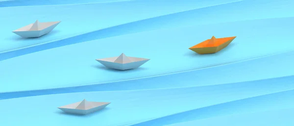 Leadership concept with orange paper ship. Success with a different journey on Blue. copy space, digital data, banner, website -3d Rendering