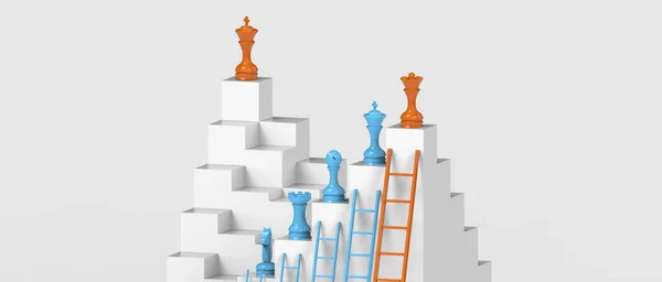Chess piece concept has a ladder with the achievements and goals of business leaders in different perspectives on isolated Background. copy space, Development, banner, website -3d Rendering