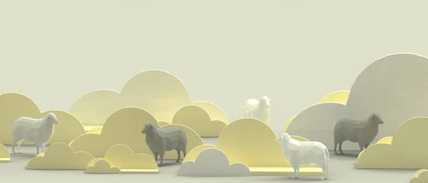 Business concept and Creative idea. Black sheep and white sheep in the concept of teamwork on the background of yellow clouds. digital, copy space, banner, website -3d Rendering