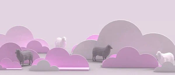 Business concept and Creative idea. Black sheep and white sheep in the concept of teamwork and harmony in the organization on the background of purple cloud. copy space, banner, website -3d Rendering