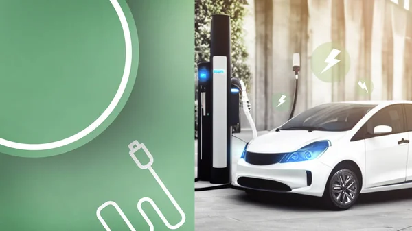 Electric car and Energy saving Concept. eco car and power station battery charger for green energy on green background. sustainable , technology ,friendly, charge, battery charging- 3d rendering