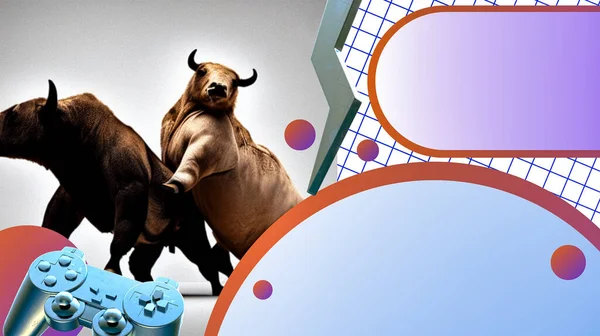 股票市场概念背景与市场投资和损益有关 公牛为竞争企业的想法争论不休 复制空间 3D渲染 — 图库照片