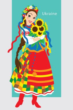 Ulusal kostümlü güzel Ukraynalı kız. Vektör illüstrasyonu.