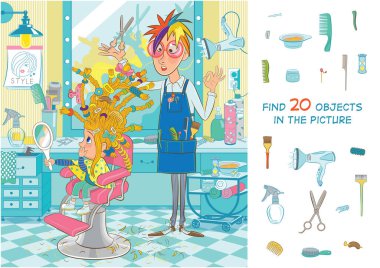 Little fashionista doing her hair in a hairdressing salon. Hidden objects puzzle. Find 20 objects in the picture. Funny cartoon characters.  clipart
