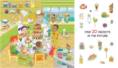 Find 20 objects in the picture. Hidden objects puzzle. Children of different nationalities are celebrating their birthday. Funny cartoon character. clipart
