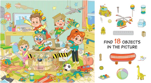 Find Objects Picture Hidden Objects Puzzle Children Play Time Machine — Stock Vector