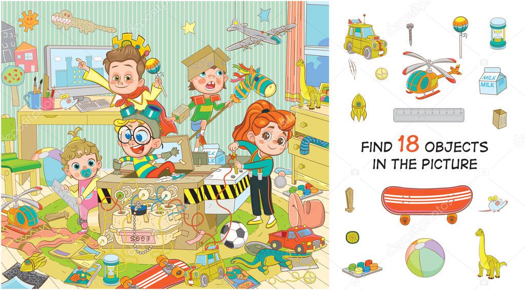 Find 18 objects in the picture. Hidden objects puzzle. Children play in a time machine. Funny cartoon character 