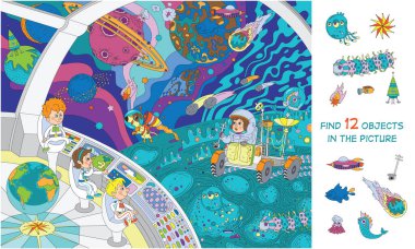 Uzay gezisi. Çocuk astronotlar yeni bir gezegeni keşfediyorlar. Vektör çizimi. Resimde 12 nesne bul. Komik çizgi film karakterleri. 