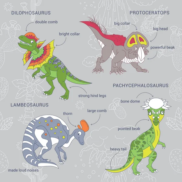 Jurassic Park Dinosaurs Lambeosaurus Pachyfecifhalosaurus Dilophosaurus Protoceratops Seamless Pattern Infographics — Archivo Imágenes Vectoriales