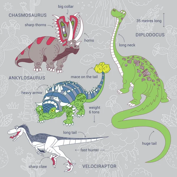 Jurassic Park Dinosaurs Hasmosaurus Diplodocus Velociraptor Ankylosaurus Seamless Pattern Infographics — Stock vektor