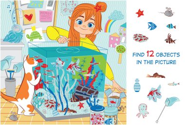Girl takes care of the fish in the aquarium. Find 12 hidden objects in the picture. Hidden objects puzzle. Vector illustration.  clipart