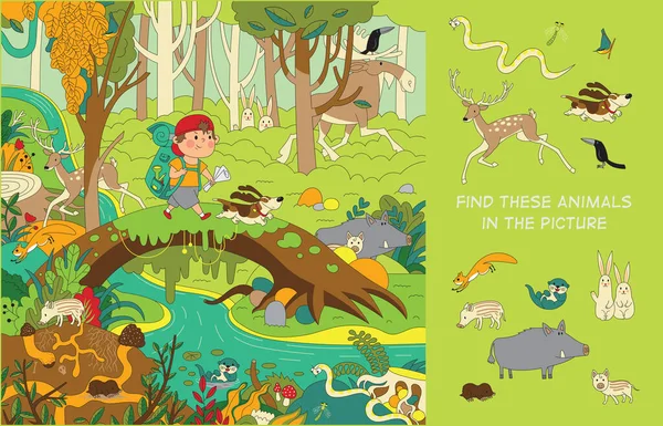 森の中を犬が旅する少年 写真の動物を見つけなさい 隠しオブジェクトパズル ベクトル図 Print — ストックベクタ