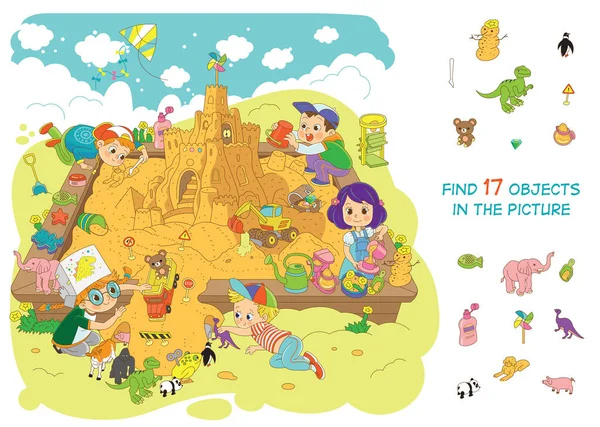 Znajdź Pozycji Zdjęciu Ukryty Obiekt Puzzle Dzieci Zbudowały Duży Zamek — Wektor stockowy